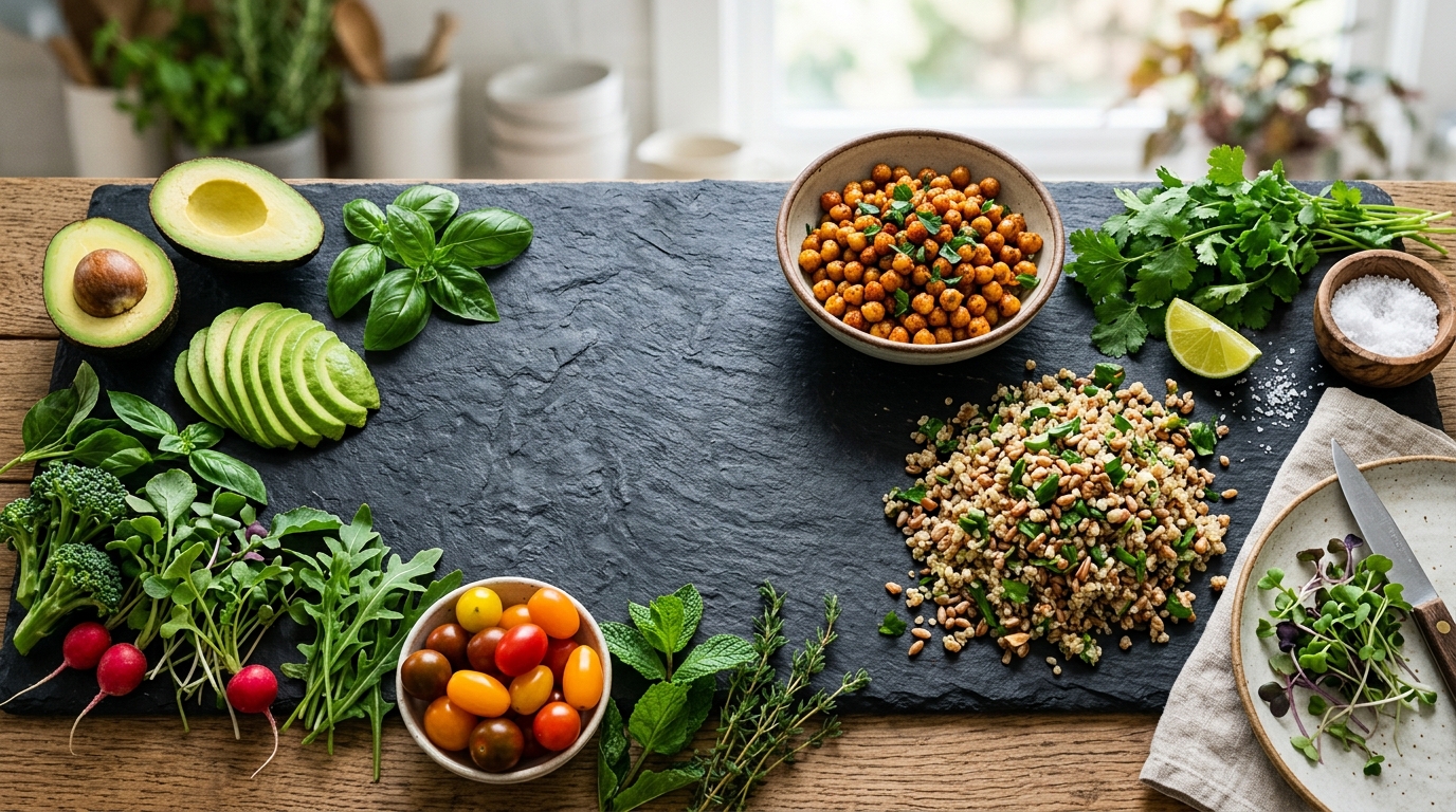 Fresh organic plant-based ingredients background